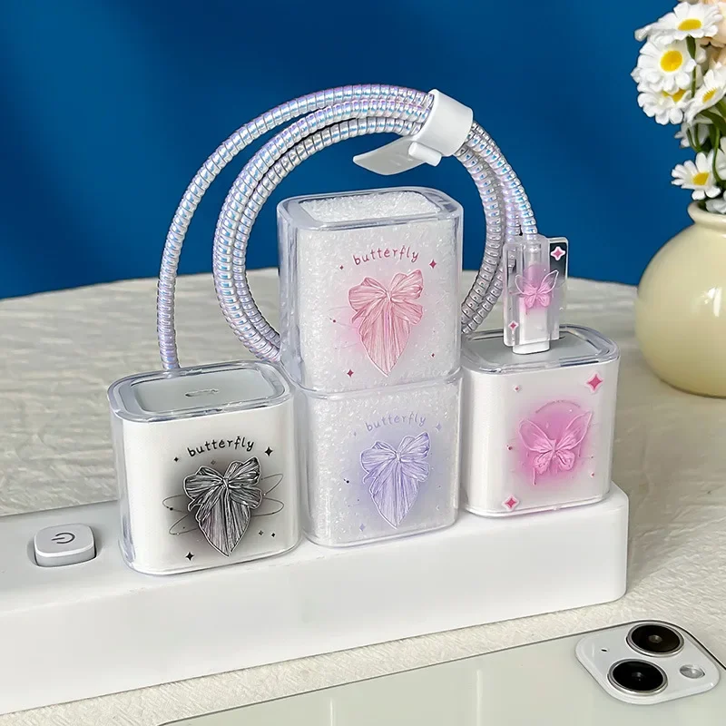5pcs Butterfly Case For Apple 18W/20W US Fast Charger Head Cover For iPhone 14/13/12 Data Cable Type C Cable Protection Sleeve