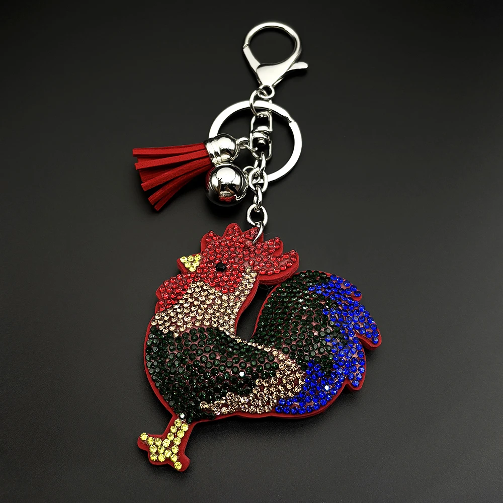 Mode Krönung Hahn Männlichen Schlüsselring Für Frauen Männer Bunte Kristall Quasten Weibliche Tier Tasche Charme Schlüsselbund Schmuck Dekoration