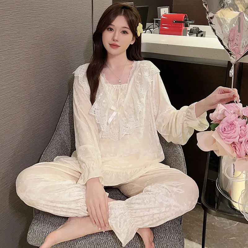 

Lace Women's Pajamas Autumn Winter Night Wear for Women Gold Velvet Solid Princess Style Long-sleeved Casual Home Wear New In