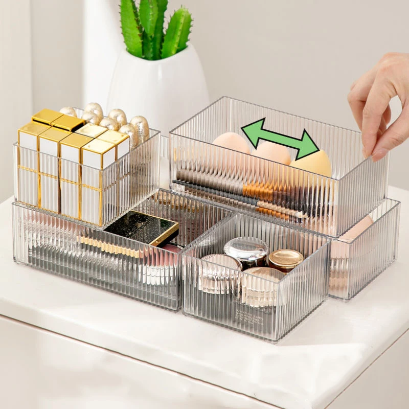 Stackable Clear Plastic Storage Box Vanity Kitchen Bathroom Drawer Divider Home Office Cosmetics Jewelry Utensils Organizer Tray