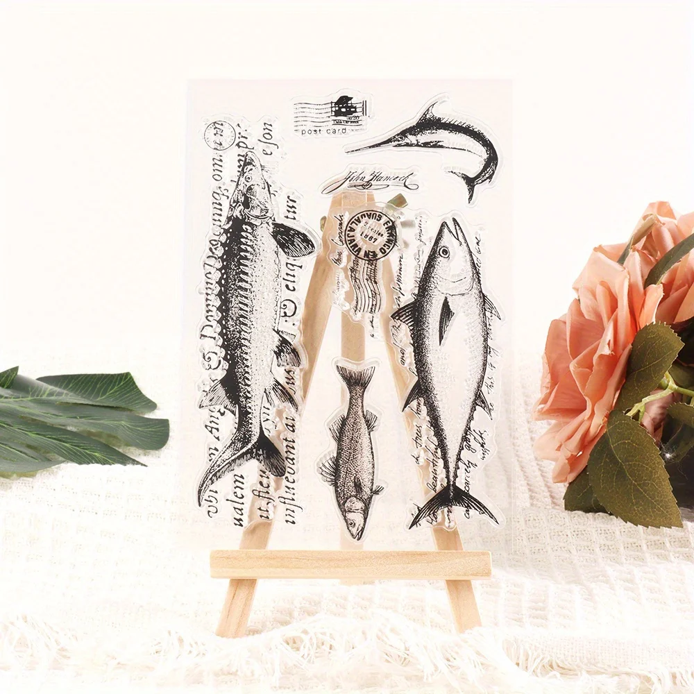 11*16CM Ocean Theme Series Silicone Clear Stamps for Junk Journal Decorative Scrapbooking Album Planner Supplies Fish Text Stamp
