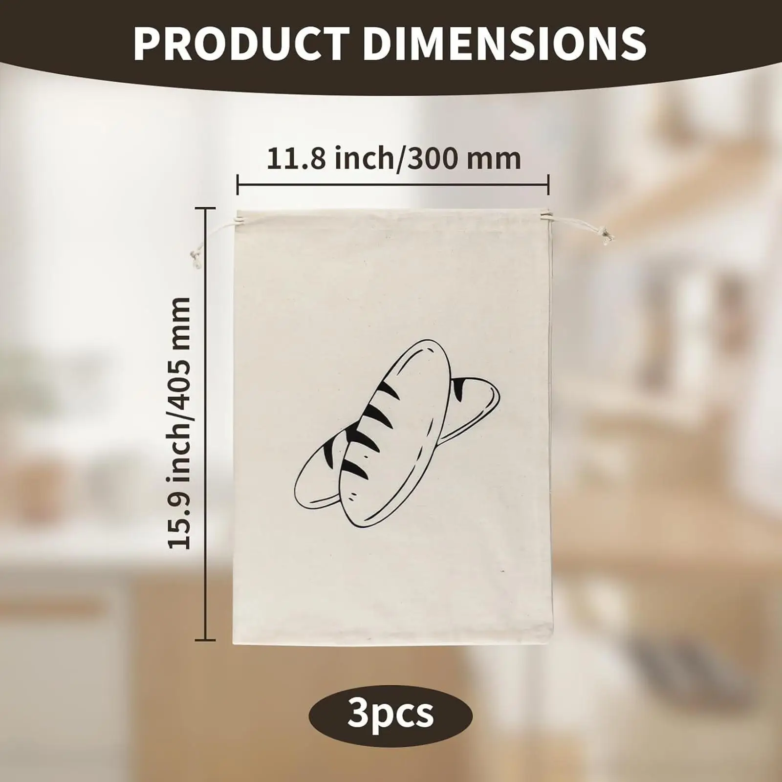 3 Pieces Bread Bags Linen Bags Kitchen Accessories with Drawstring Totes for Household Cafe Family Gatherings Bakery Kitchen