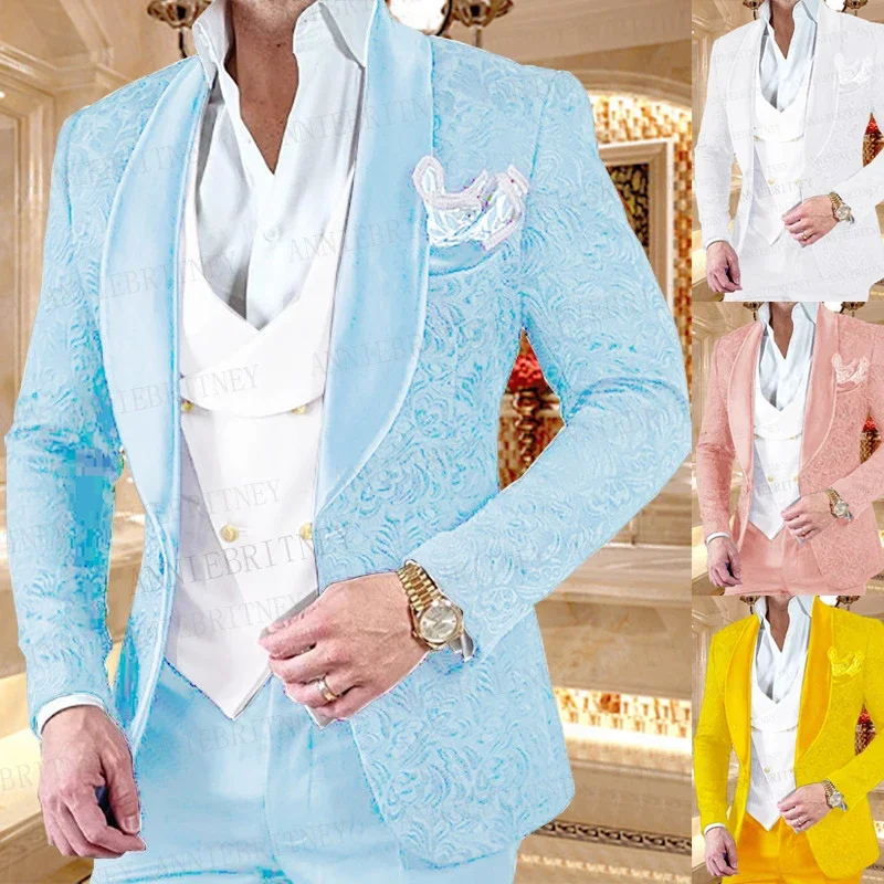 Mens suits Formal Sky Blue Jacquard Men Business Suit 3 Pieces Slim Fit Groom Wedding Dress Evening Dress Tuxedo Jacket Vest Pants