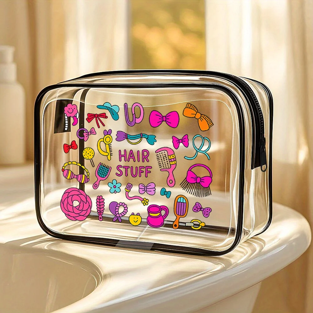 Clear Cosmetic Bag. Adorable hair-stuff design for travel, gym or beach. A perfect gift.