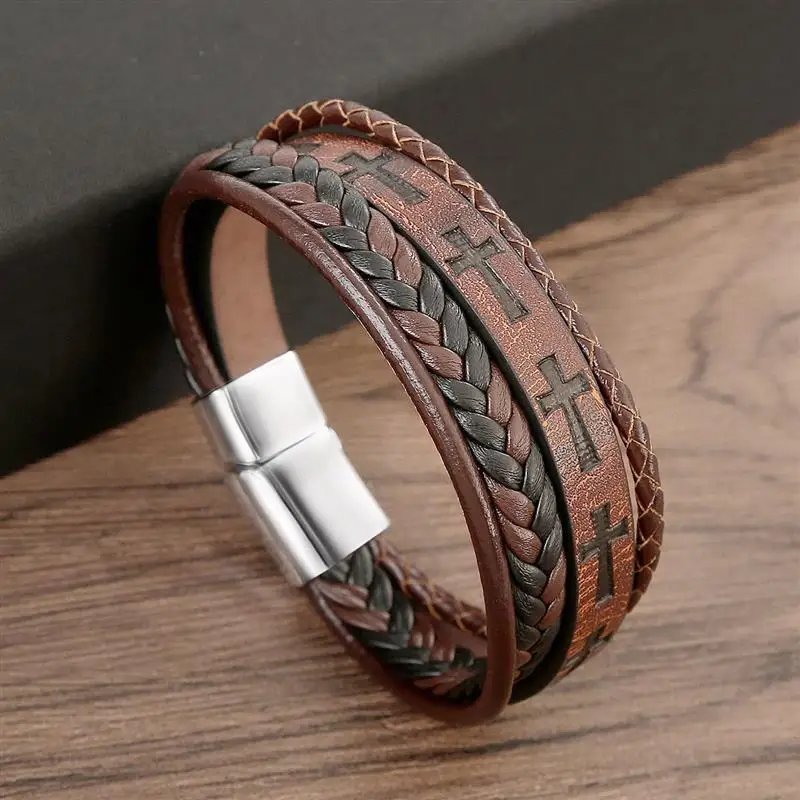 New Cross Design Leather Bracelet for Men 19/21/23cm Hand-Woven Multilayer Leather Bracelets Punk Bangles Fashion Jewelry Gifts