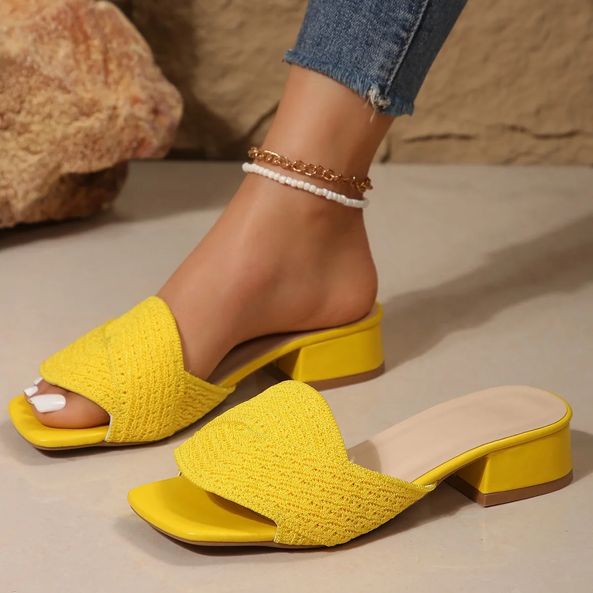 Fashion Summer Women Colorblock Braided Chunky Heeled Sandals Going Out Female Beach Shoes Korean Style High Heels Slippers