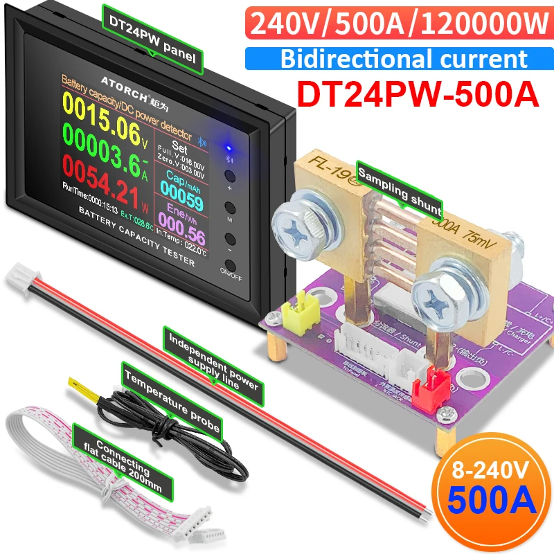 

DT24PW 240V/500A IPS digital display DC Power Voltmeter Ammeter Battery Capacity Tester voltage Gauge detector Meter For App