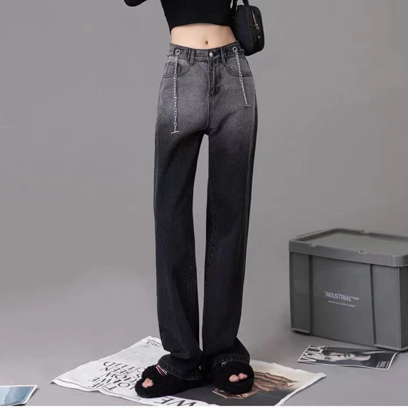 Denim Goth Y2K Black Pants Jean Trousers For Women Mom Jeans Woman High Waist Casual Pants Streetwear Straight Leg Jeans Ladies