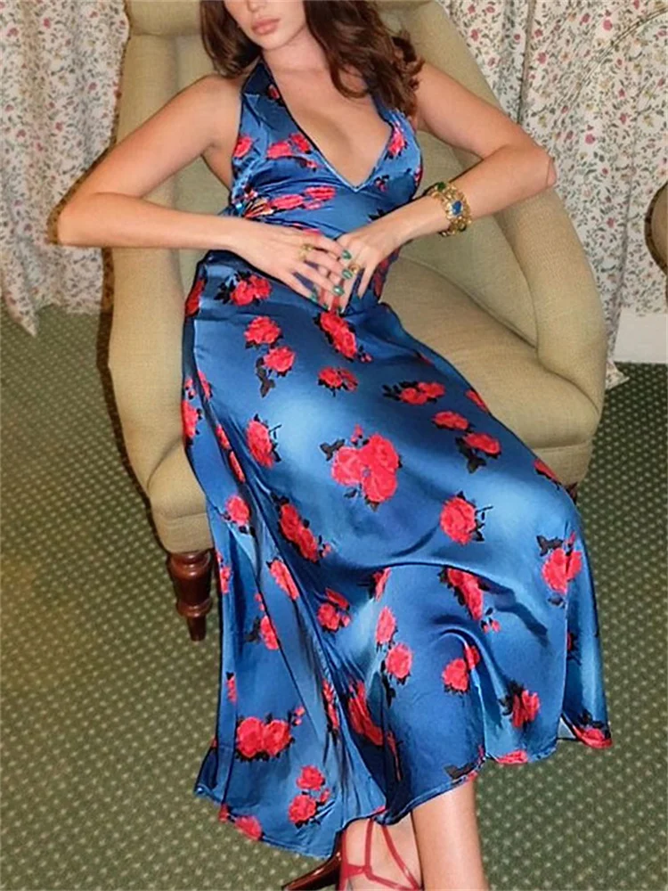 

Tossy V-Neck Bandage Floral Maxi Dress Backless Female Vintage Hollow Out Sexy Fashion Dress Outfits High Waist For Women Dress