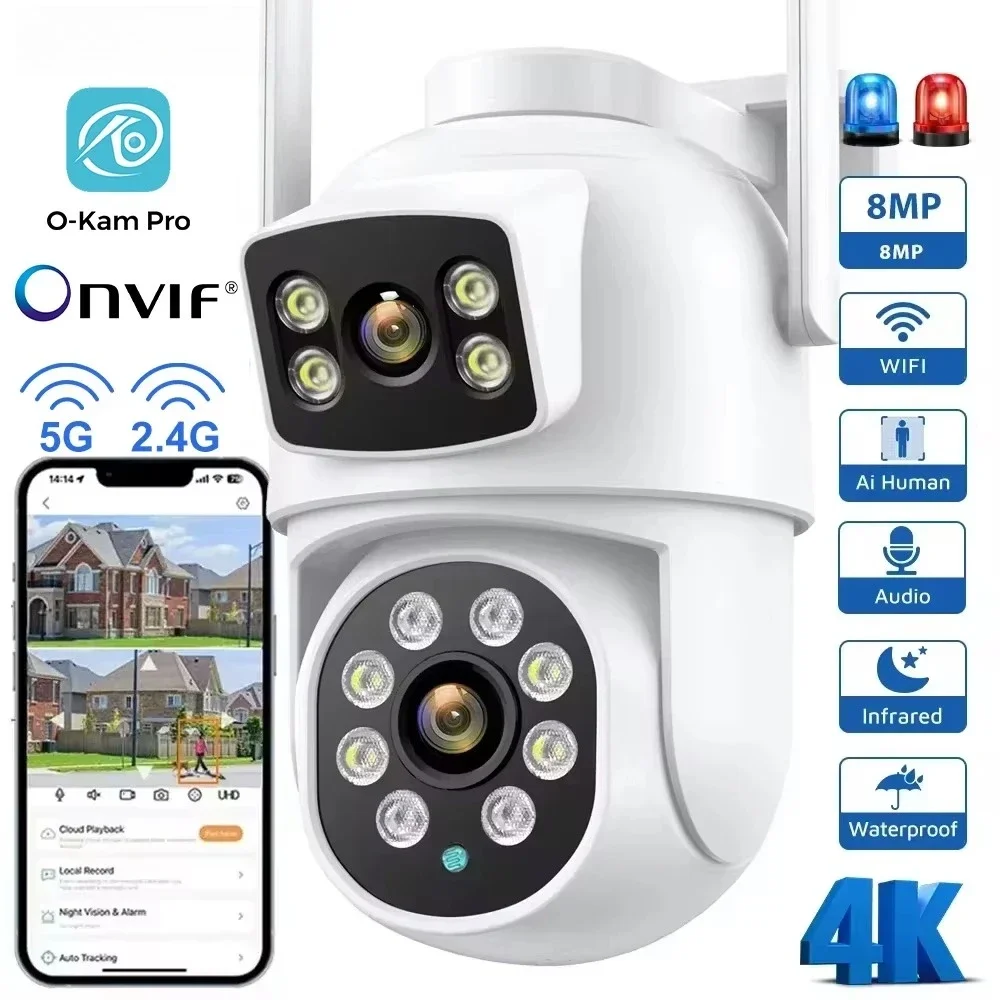 4K 8MP Wifi Camera PTZ Outdoor Dual Screen Human Detection Dual Lenses 10MP Security Protection IP Camera Audio O-Kam Pro 1