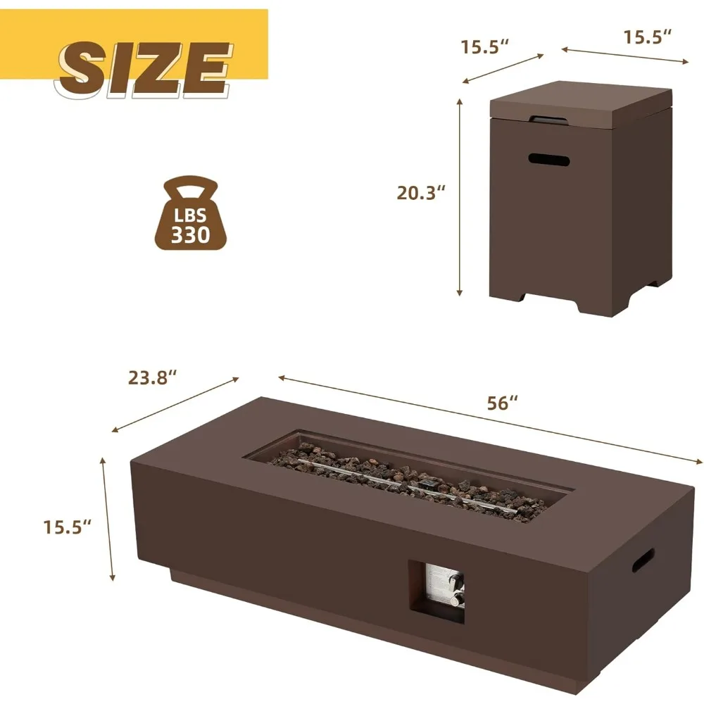 2-Piece 56" Outdoor Rectangle Propane Fires Pit Table, with Tank Holder, 50,000 BTU Concrete Fire Table , Outdoor Fire Pit
