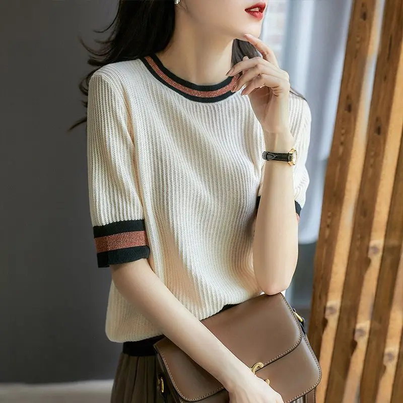 

Elegant Fashion Harajuku Slim Fit Female Clothes Loose Casual All Match Tees Color Blocking Stripe O Neck Short Sleeve T-shirts
