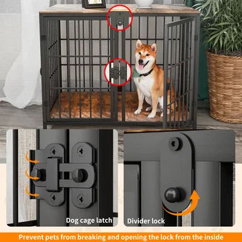 Heavy Duty Dog House End Table Furniture with Four Doors and Lock Latches Divider Wood Metal Pet Kennel Cage Crate 5