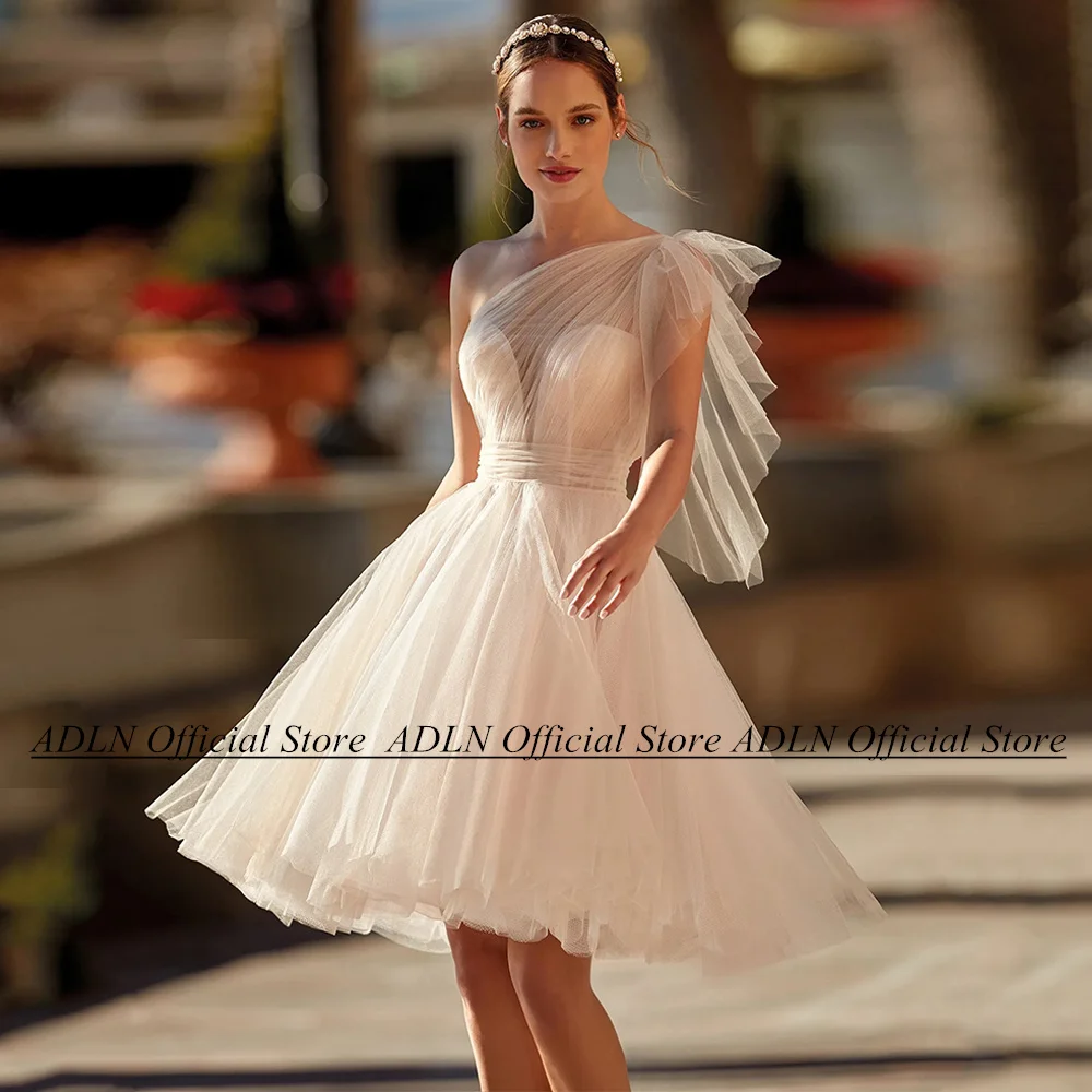 

Short Wedding Dress One Shoulder Sleeveless Pleat Body Soft Tulle A Line Civil Bridal Gown Mini Bride Dresses Robe De Mariee