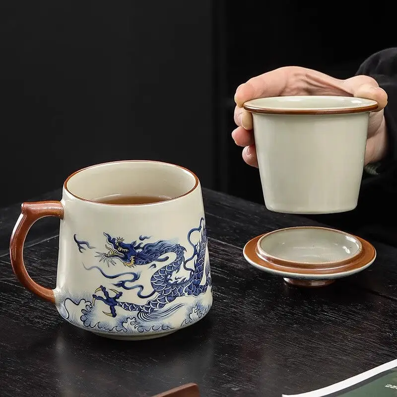 كوب سيراميك من Ru Kiln مع غطاء، كوب فصل الشاي للمنزل، كوب عالي الجودة لصنع الشاي والمكتب، فنجان شاي هدية - التنين الصيني