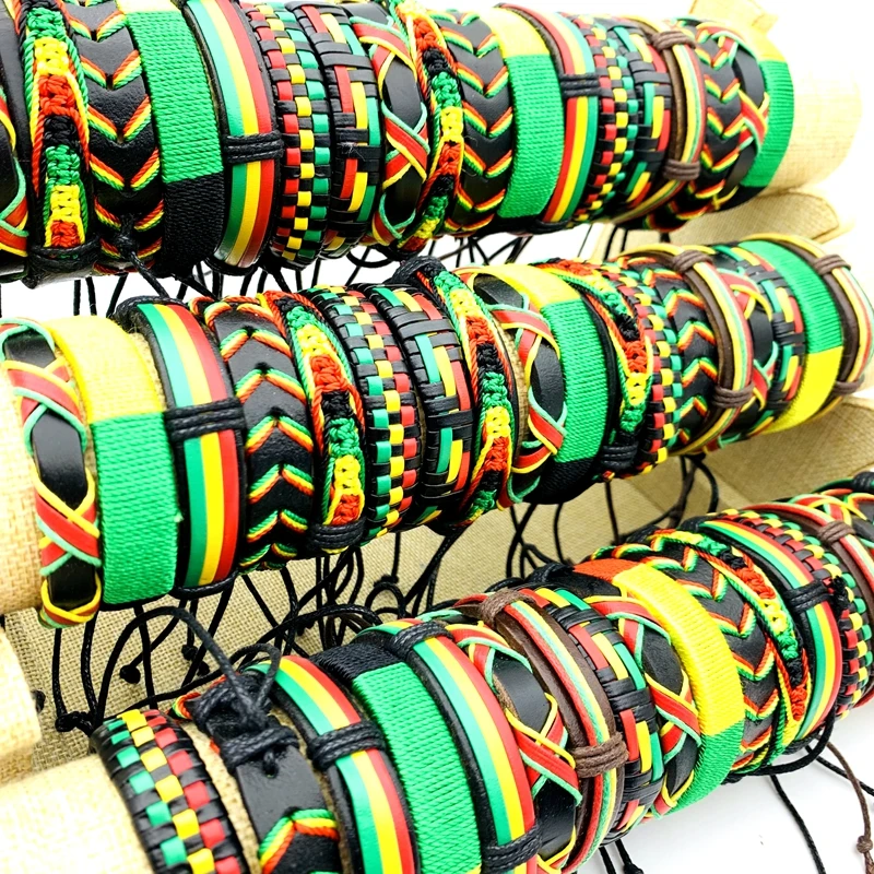 Wholesale 30/50/100pcs Handmade Leather Bracelets Bob Marley Rasta Jamaica Fashion Cuff Jewelry Party Gift Mix Red/Yellow/Green 5