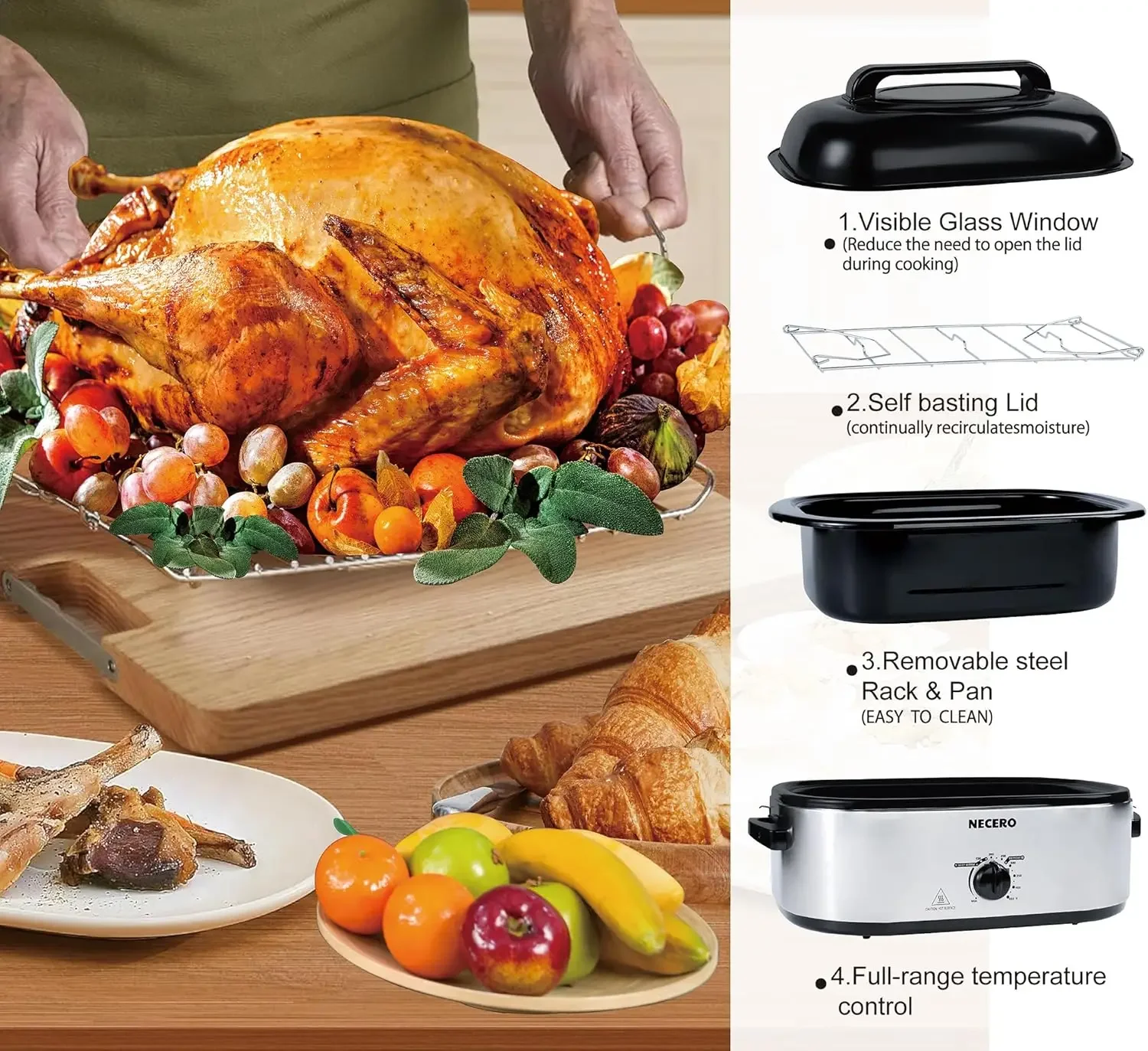 Oven 28 Quart Electric, Electric Roaster Pan with Visible & Self-Basting Lid, Large Stainless Steel Electric Turkey Roaster Oven 3