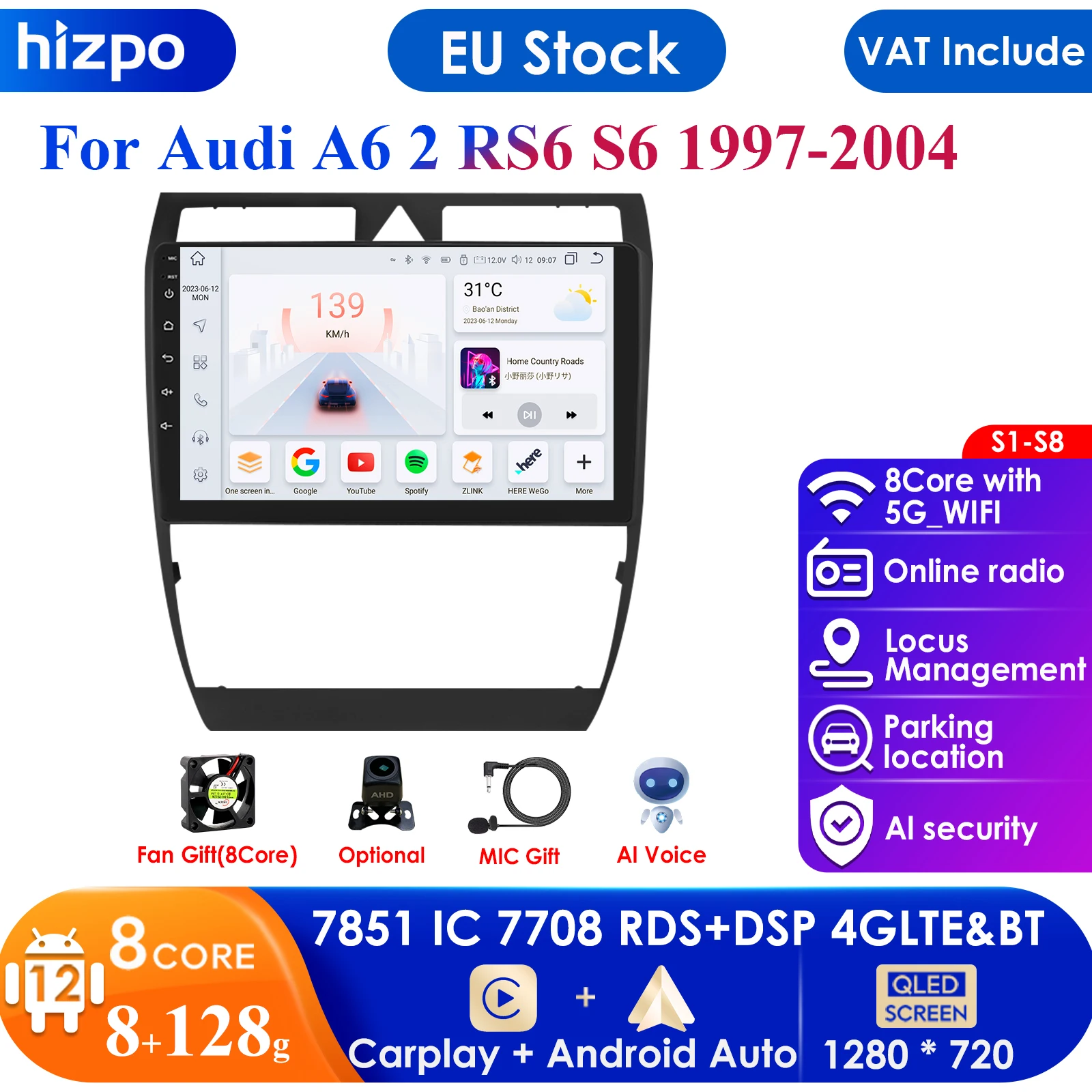 9 ''Ai Intelligent System 2Din Android Car Radio Lettore Video Multimediale Per Audi A6 C5 1997-2004 S6 Rs6 Gps Carplay Auto 4G Rds