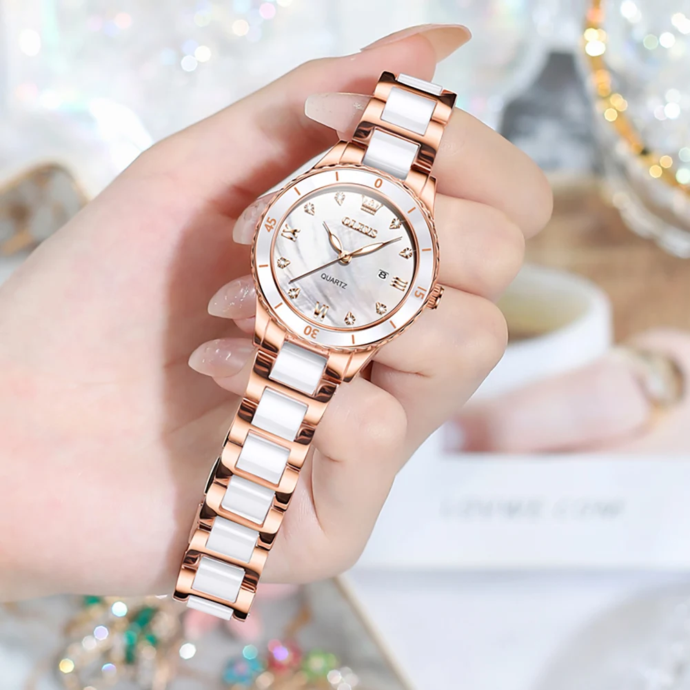 OLEVS Ceramic Women Watch Luxury Brand 2024 Elegant Ladies Watches Rose Gold Clock Wrist Watches For Women relogio feminino