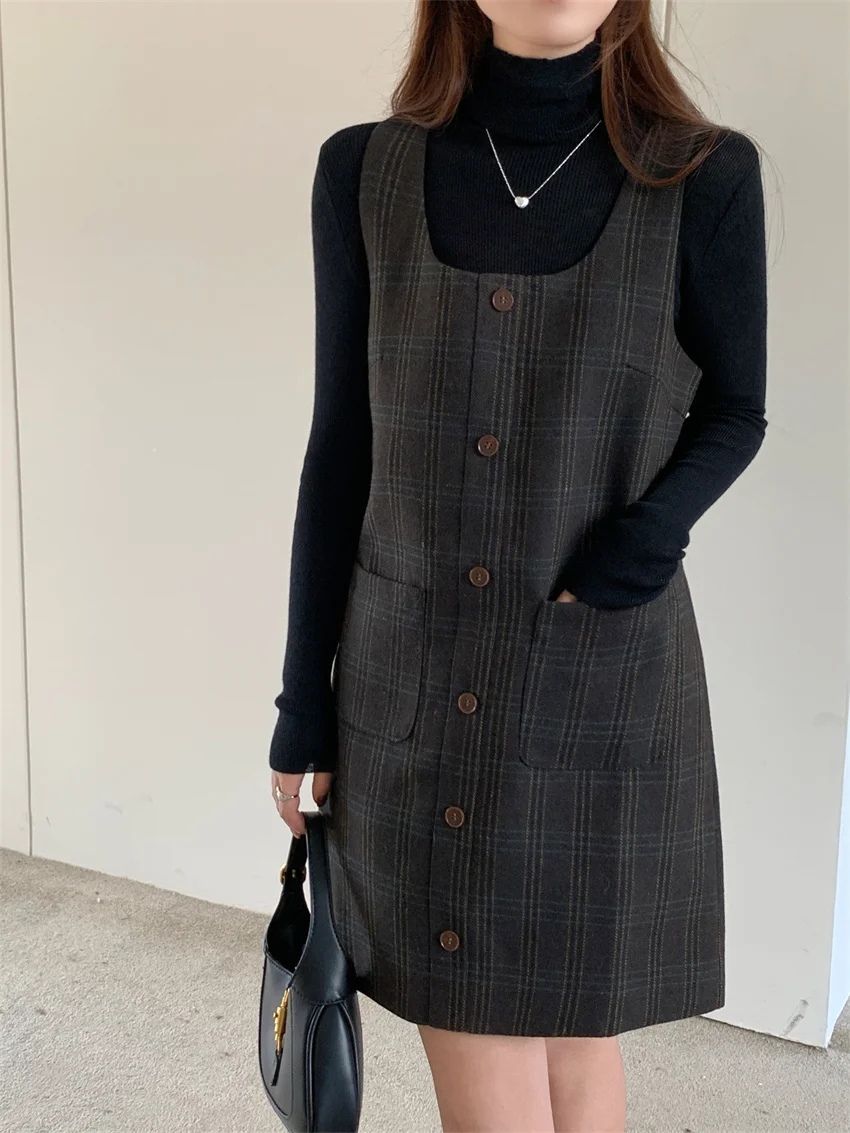 

Alien Kitty Chic Office Lady Suits Women Mock Neck Knitted Sweaters Autumn Vintage Plaid Slim Vest Mini Dress Elegant Sets