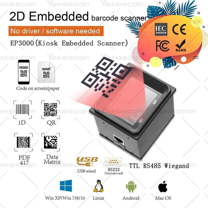 Embedded CCD Barcode Scanner - Mini USB 1D Barcode Reader For Electronic Screens, Kiosks, Self-Service Machines