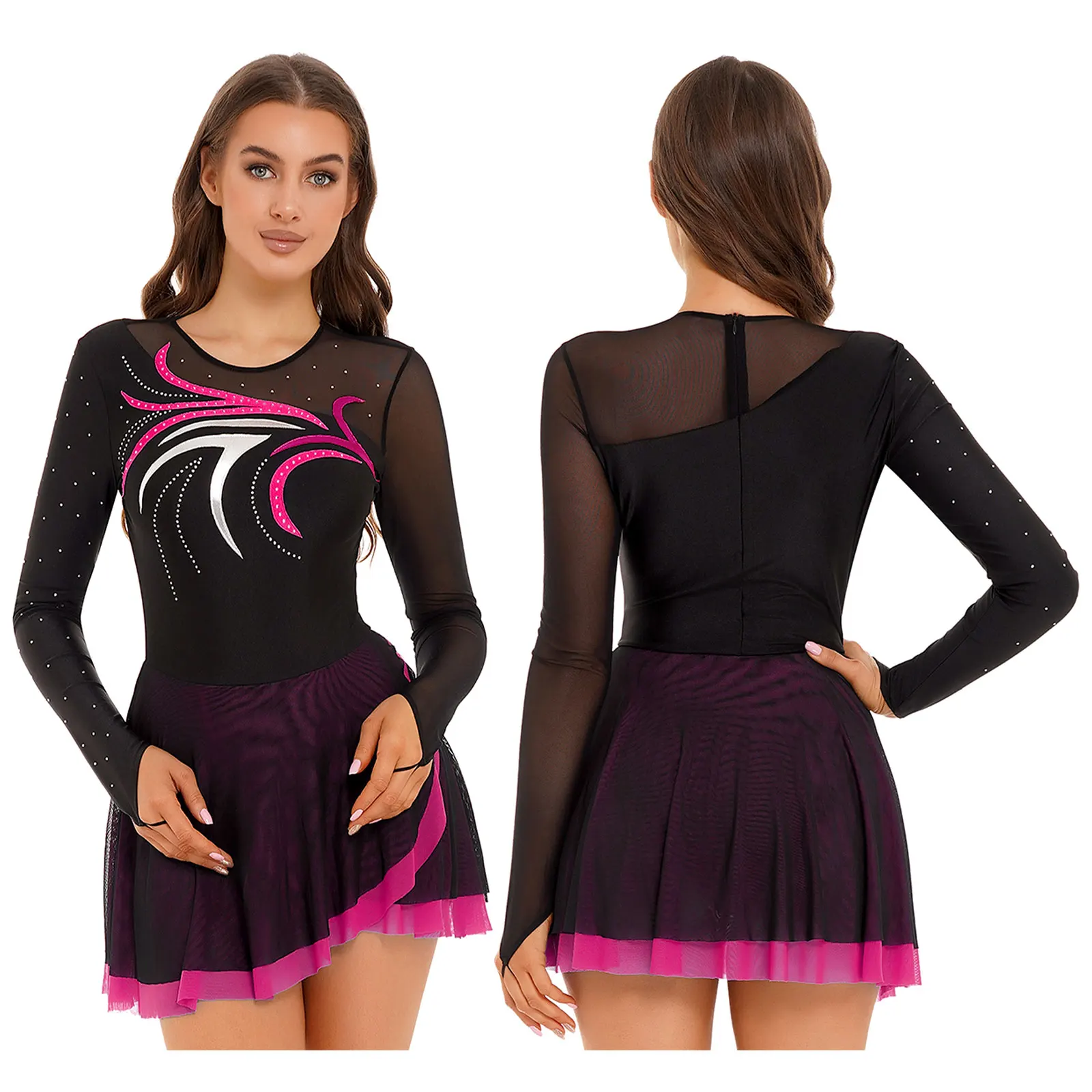 Vestido de baile lírico de Ballet para mujer, traje de patinaje artístico con diamantes de imitación brillantes, cuello simulado, malla transparente, vestido de baile moderno de manga larga