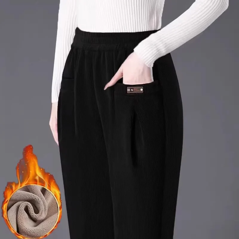 Fleecing Elastic Waist Pencil Pants Solid Casual Warm Long Pant Winter Women's Clothing Promotion Trouser Office Lady Simple New