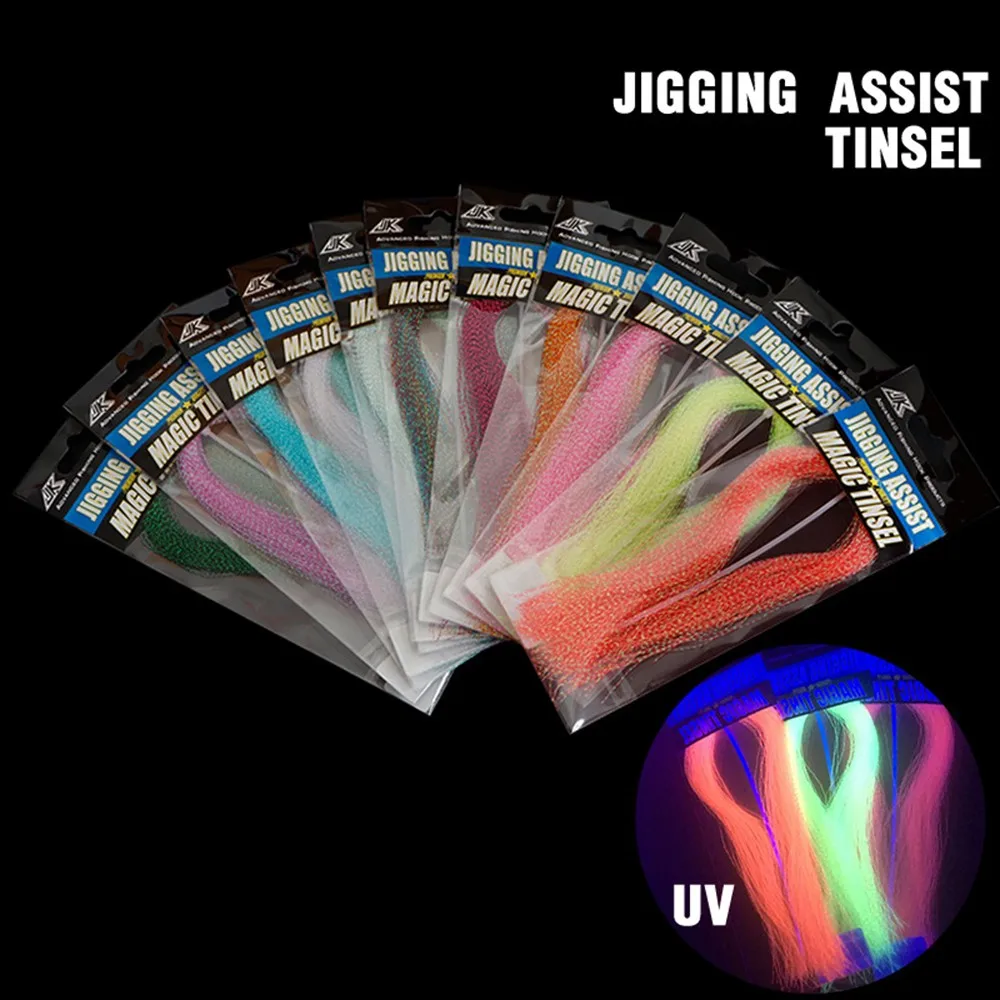 1Pack Glow Material UV Holographic Tinsel Twisted Flashabou Jig Hook Assist Lure Making Material Sea Fishing Tying Crystal Flash icerio 50pcs luminous 3d epoxy fish eyes for fly tying streamer lure jig bait making material