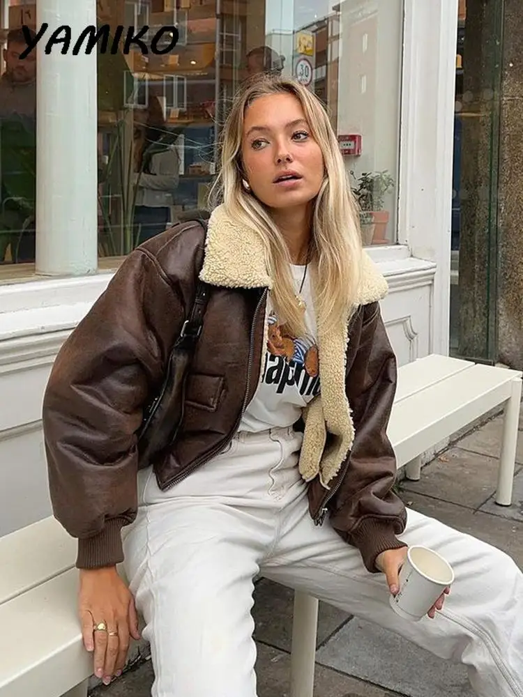 

Faux Leather Warm Bomber Jacket Women Lapel With Flap Pocket Cropped Bombers Female Zipper Front Jackets Streetwear Vintage Coat