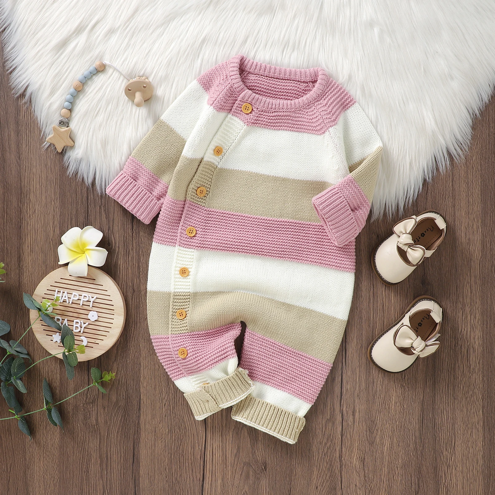 MISOWMNJOY Baby Girl Boy Knit Sweater Romper Winter Stripe Button Long Sleeve Full Length Jumpsuit for Newborn Crochet Clothes 1