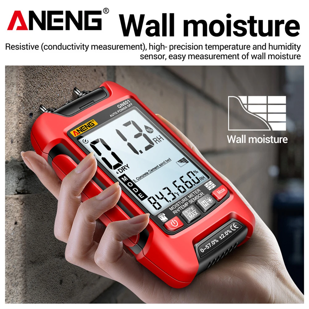 ANENG GN601 Wood Humidity Tester 20.5% RH Display Digital Temperature Humidity Probe Tester Pin-Type for Wood/Building Materials Wood Moisture Meter