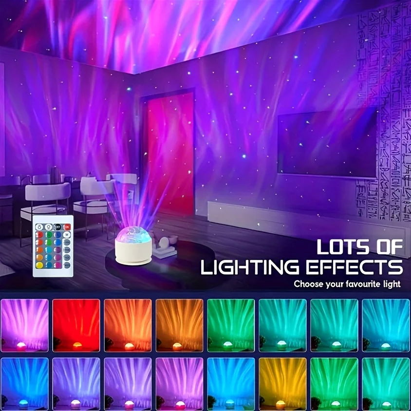 LED 야간 조명 별이 빛나는 하늘 은하 북극광/물결무늬 16색 자동 회전 원격 프로젝터 주변 조명 RGB USB 램프