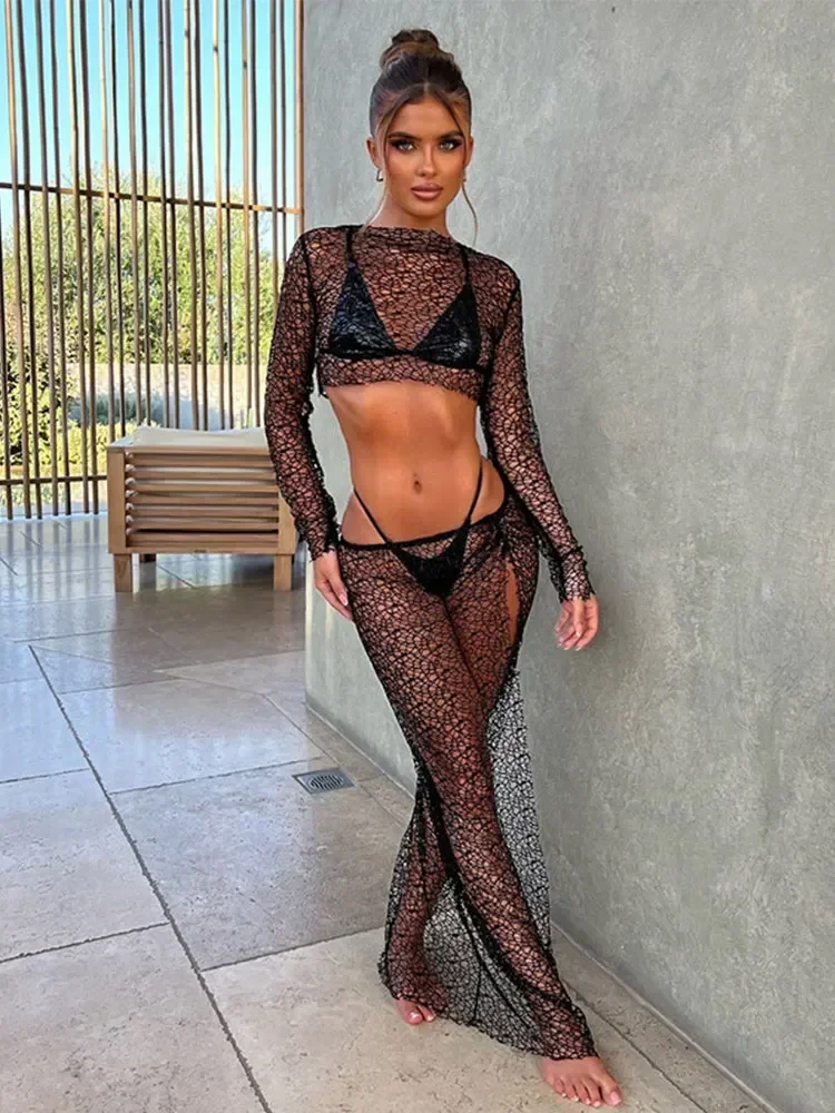 Sexy See-Through Dress Set Bikini Cover-ups 2026 Summer Women Solid Color Knit Cut Out 2-piece Beachwear Swimsuit Cover Up A2790 2
