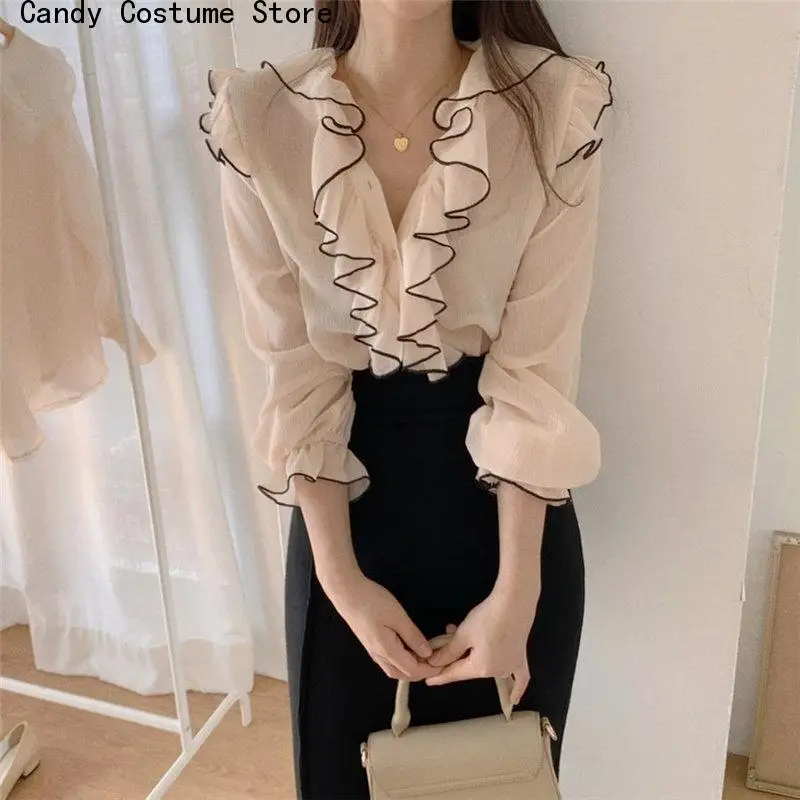 All Match Shirts Office Lady V-Neck Color-Hit Ruffles Basic Sweet High Quality Autumn Vintage Brief Blouses