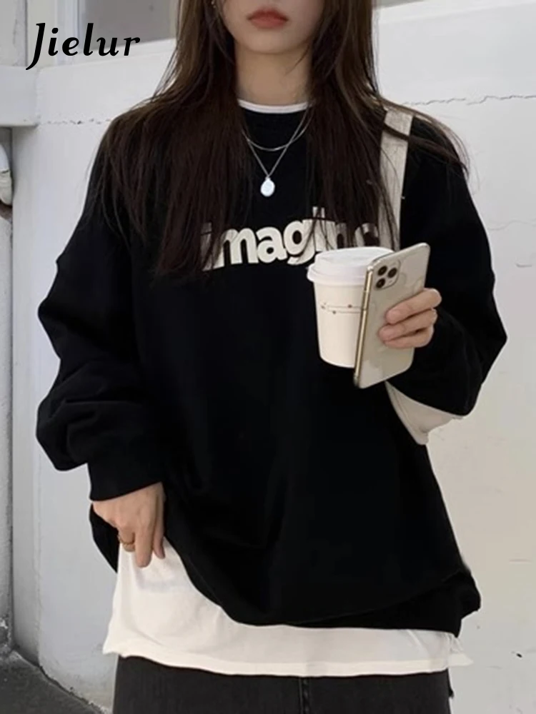 

Jielur Casual Black Simple Fashion Sweatshirts Spell Color Letter Printing Pullovers O-neck Women Hoodies Basic Chic Streetwear