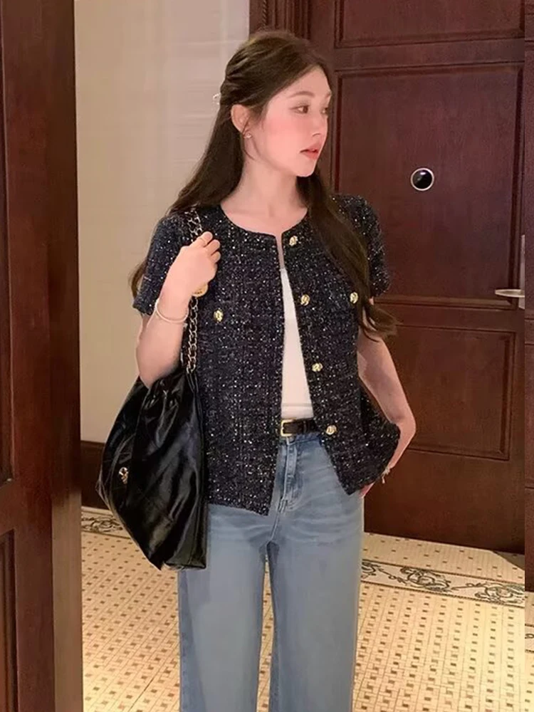 Women's Fashion Texture Jacket Chic Elegant Short Coat Belt Short Sleeve Metal Buckle Jackets High Street Casual Outerwears