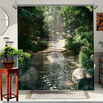 Tenda da doccia da giardino tropicale da 1 pezzo - Decorazione da bagno nella giungla con cascata, tenda da bagno grande (70,8x70,8 pollici), lavatrice in macchina 1