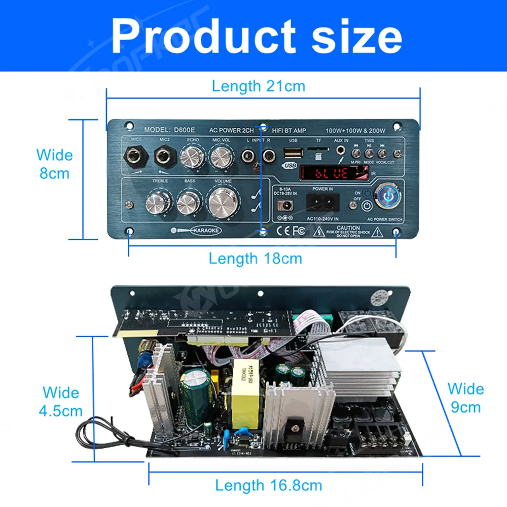 100W+100W+200W D600E Bluetooth 5.0 Amplifier Board with Subwoofer TWS Function