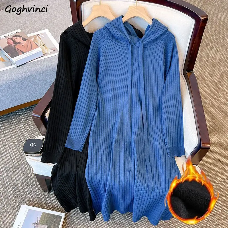

Midi Dress for Women Plus Velvet Cozy Hooded All-match Ulzzang Loose Spring Autumn Fashion Casual Office Lady Classic Vestidos