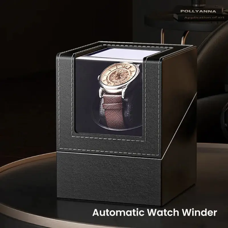 Classic Single Watch Winder for Automatic Watches Auto Watch Winder Box with Quiet Motor Leather Watch Rotator AC Adapter