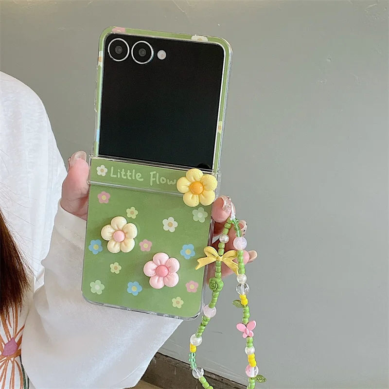 Charming 3D Flower Green Phone Case with Beaded Lanyard - Foldable Protective Cover