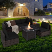 7PCS Patio Rattan Furniture Set Fire Pit Table Cover Glass Top Cushion Black