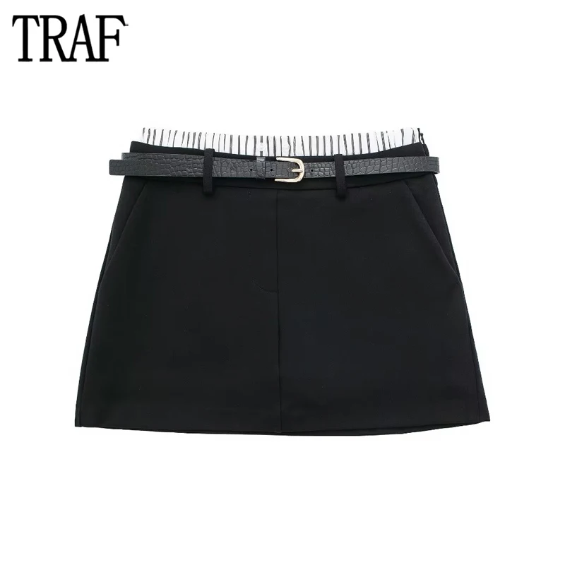 

TRAF 2024 Contrast Boxer Skirt Women Skort High Waist Mini Skirts for Women Black Belt Fashion Women's Skirts Streetwear Skirt