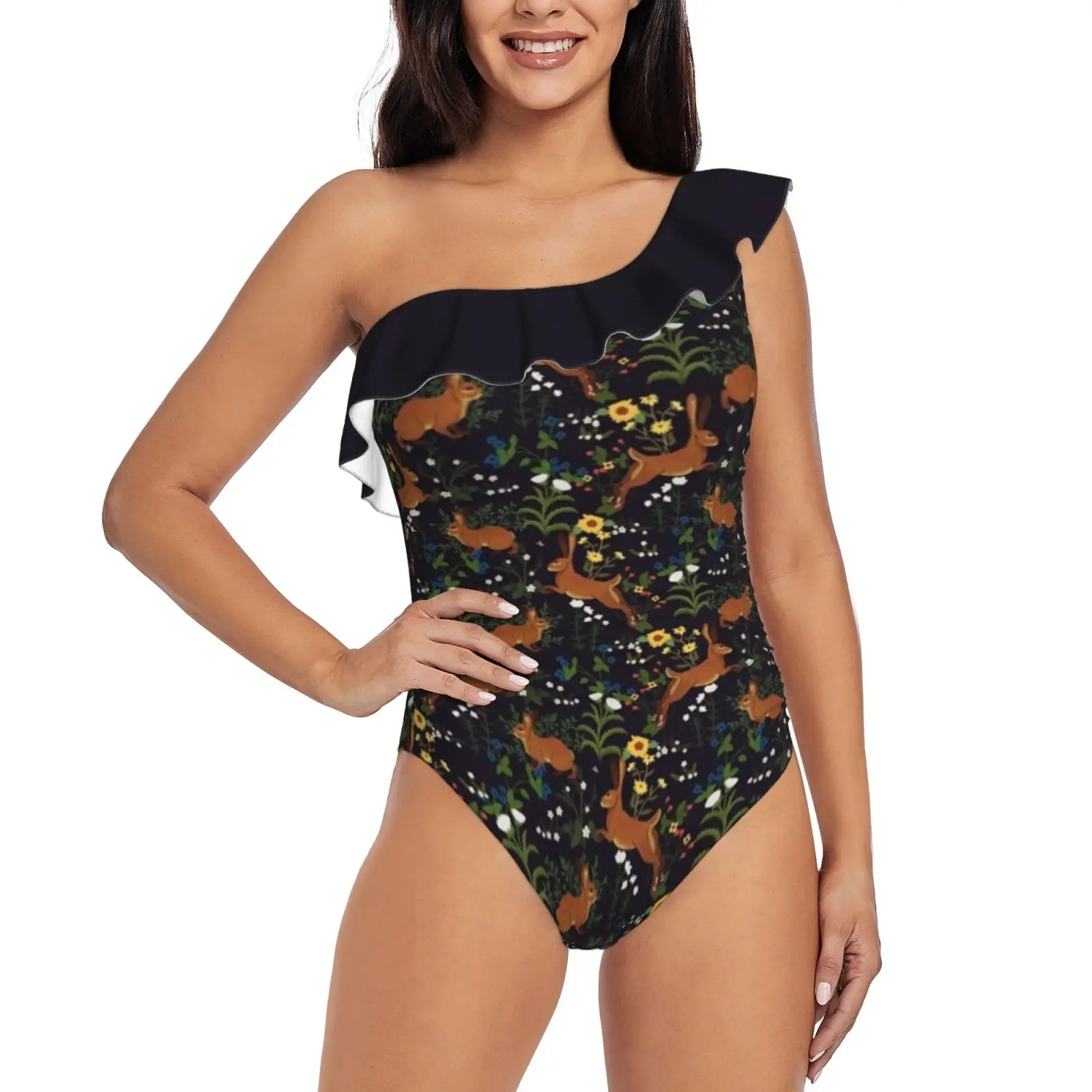

Rabbit Garden One Shoulder Ruffle Swimsuits Bodysuit One Piece Swimwear Women New Female Beach Swimsuit Rabbit Garden Nature