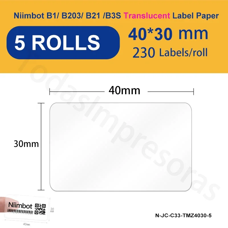 

Niimbot 5 Rolls Translucent Thermal Label Printer B21 Paper B1 B3S B203 Adhesive Stickers Barcode QR Code Waterproof Paper Papel