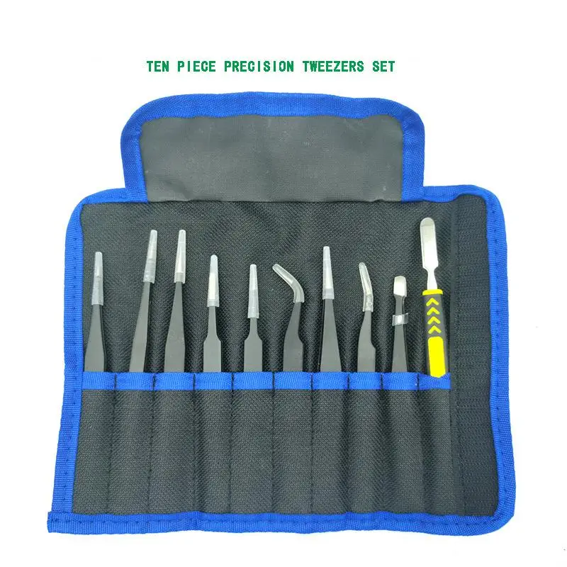 Набор из 10 черных пинцетов из нержавеющей стали