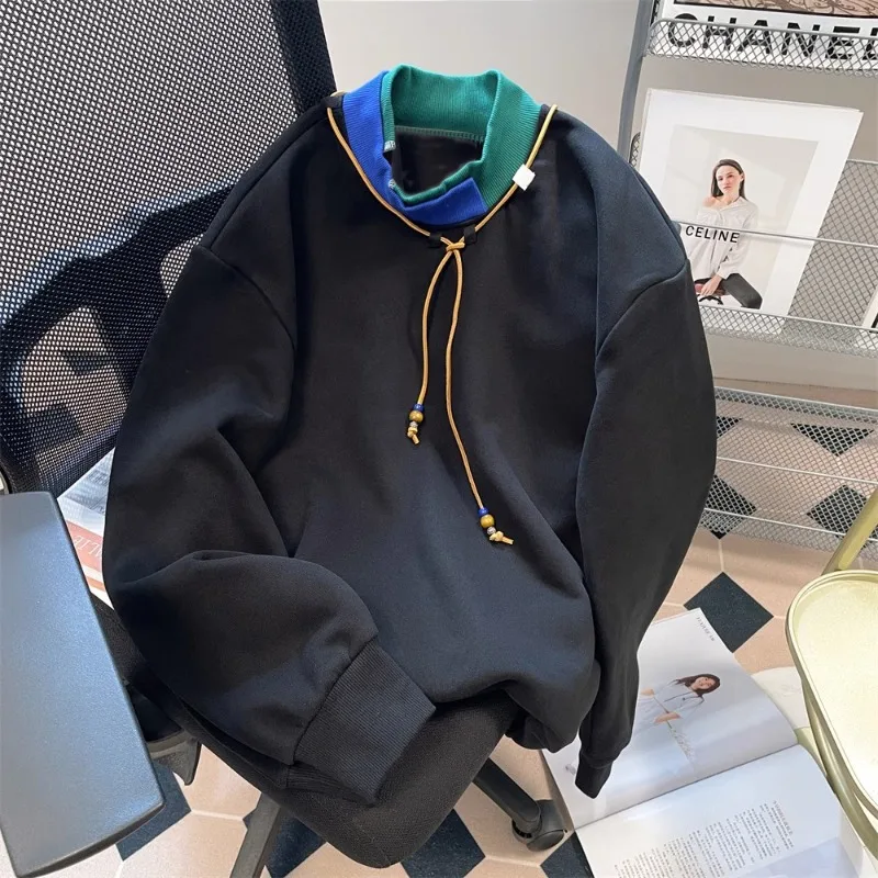 

Осень 2023, Корейский простой стиль, зимняя Асимметричная Толстовка в стиле пэчворк с ложным воротником и шнуровкой, теплый модный топ для женщин