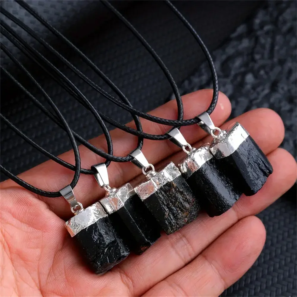 Natural crystal cylinder rough stone black tourmaline pendant irregular electrical stone pillar ore silver-plated hemming neckla 3