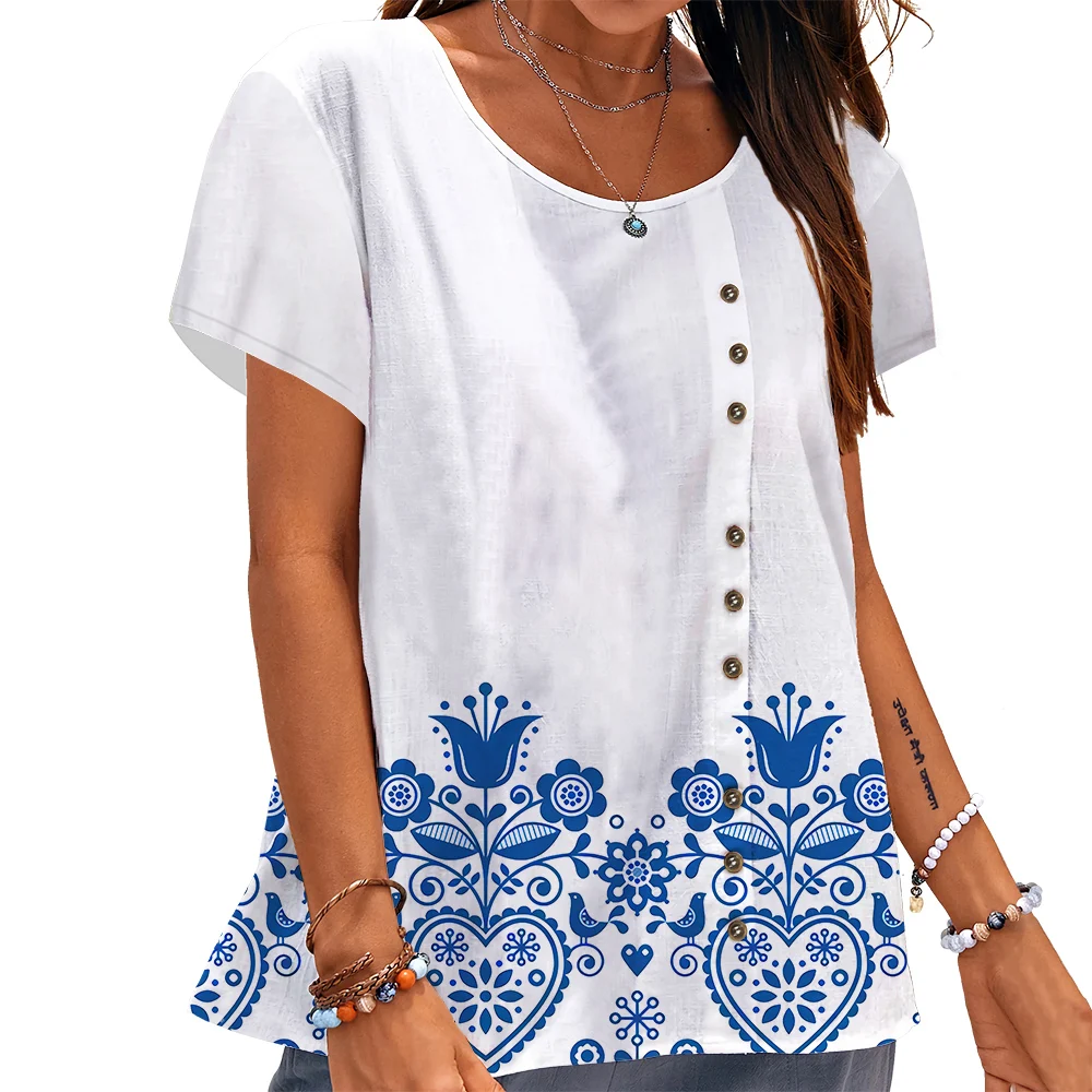 

CLOOCL Fashion Women T-shirt Chinese Retro Pattern 3D Printed Button Decorate Short Sleeve Tees Female Summer Tops Vintage Style
