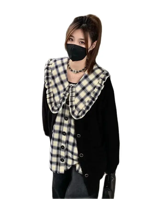 Plaid Shirt Women Spring Long Sleeve Tops Female Korean Peter Pan Collar Blouse Ladies Casual Single Breasted Cardigan Jacket